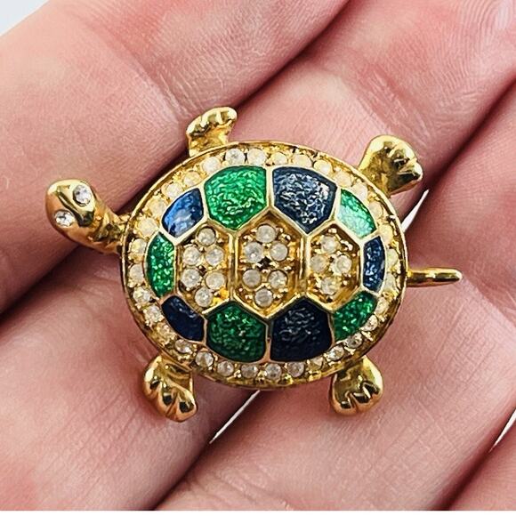 Vintage Turtle Pin Brooch Rhinestones Blue Enamel Shell 1.5" Pave Style Goldtone - Picture 4 of 10